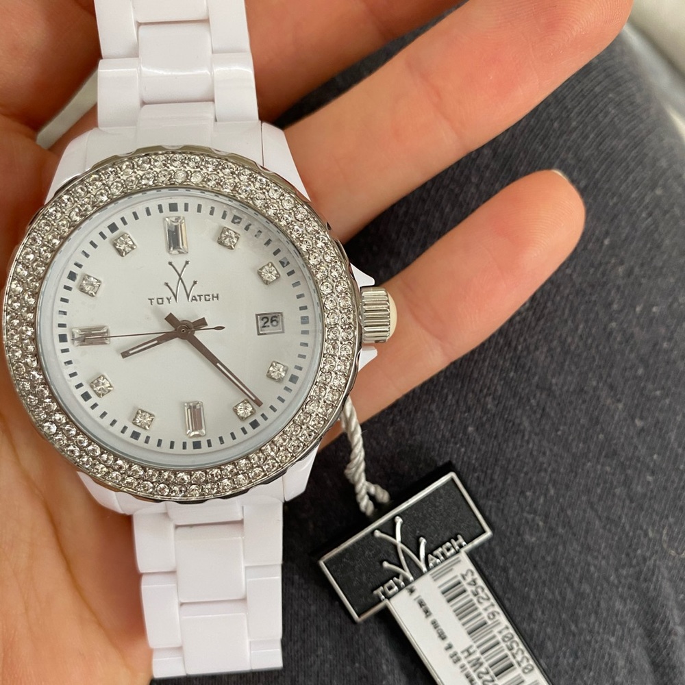 Brand new in box, toy watch with crystals, white